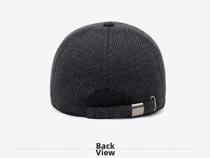 Detail of the back view showing adjustable metal buckle and textured knit on grey baseball cap