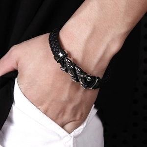 Men's hip hop black braided leather bracelet with high-quality dragon metal magnetic clasp