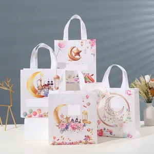 Eid Mubarak Gift Bags Ramadan Kareem Non-woven Tote Handbags Moon Star Lantern Print Reusable Waterproof Party Favors