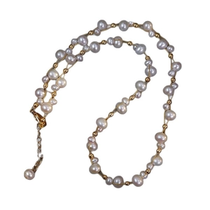 French style double-layer lavender pearl necklace with gold metal beads on white background