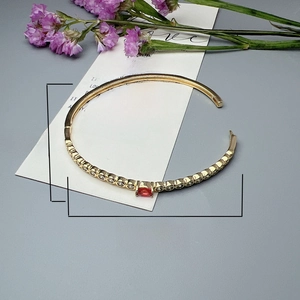 Detail of gold oval bangle featuring a red center gemstone and micro-paved zircon stones