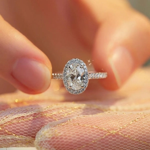 Fashionable silver adjustable ring with oval-cut cubic zirconia and micro-pave accents