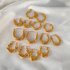 Stainless Steel Twisted Croissant Hoop Earrings For Women 18K Gold Silver Plated Geometric Twisted Hoop Earrings Fashion Jewelry