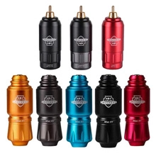 Detailed lineup of colorful Rocket and Max W rotary tattoo machines on white background