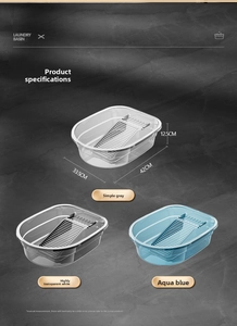 Vue détaillée du bac à linge avec planche à laver intégrée en gris, clair et bleu