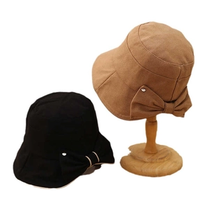 Cappello da sole da donna con grande fiocco nero e cammello, elegante stile pescatore a tesa larga