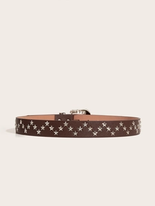 Detail of a dark brown punk style belt with silver metal star rivets and a classic pin buckle