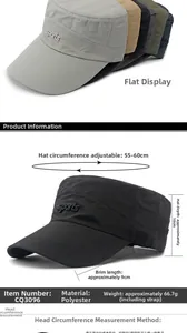 Detailed size chart of men's sports flat top hat showing 55-60cm adjustable circumference