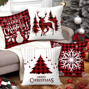 4er-Set Weihnachtskissenbezüge mit rot-schwarzem Karomuster, Elch- und Schneemannmotiven