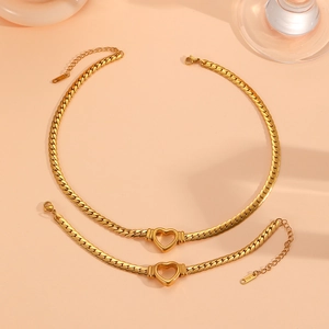 Golden titanium steel jewelry set featuring hollow heart Cuban chain necklace and bracelet