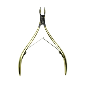 Macro view of gold handle D-501 cuticle nipper with sharp silver dual-spring blade