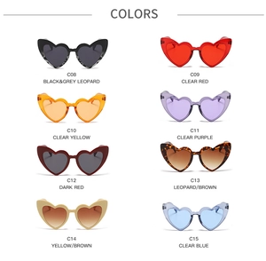 Multiple color options for heart shaped sunglasses including leopard and transparent tones