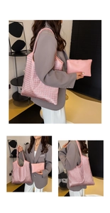 Pink rhinestone checkered tote bag set with matching small pouch shown on casual outfit