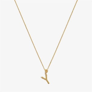 Detail of gold letter Y necklace with irregular lava texture and white rhinestones
