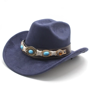 Detail of navy blue cowboy hat featuring turquoise stone and bohemian braided ribbon