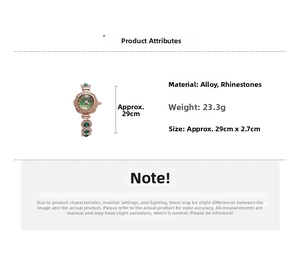 Detail view of rose gold rhinestone watch with green dial showing dimensions and weight