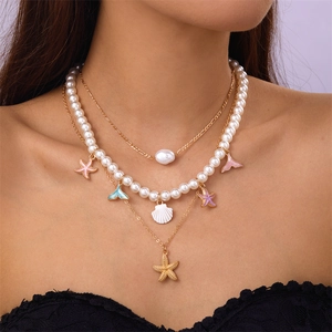 Multilayer Necklace Alloy Imitation Artificial Pearl Shell Starfish Conch Beach Summer Resort Bohemian Jewelry For Women