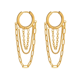 Detail view of gold-plated layered chain tassel hoop earrings with metallic fringe drops