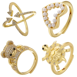 Brass Adjustable Open Rings Zircon Pave Bear Turtle Heart Hollow Artificial Pearl Arrow Motifs Fashion Jewelry For Women Girls