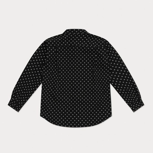 Detailed back view of black cotton shirt featuring white cross star patterns throughout