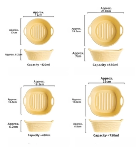 Detailed size specifications for double-ear ceramic air fryer bowls in round and square shapes
