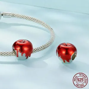 S925 sterling silver red enamel apple charm on a mesh chain bracelet for women