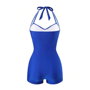 Royal blue halter one-piece swimsuit with white contrast trim and slim fit design