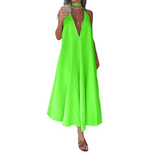 Neon green maxi dress for women featuring a deep V-neck and halter neck beach style