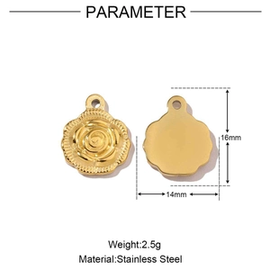 Detailed parameter diagram of gold rose pendant showing 16x14mm size and 2.5g weight