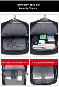 Detailed internal view of black business backpack with laptop compartment and USB port