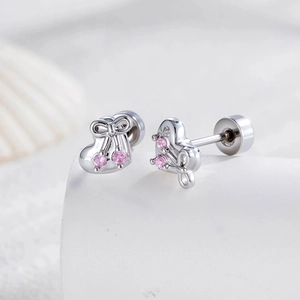 Sweet silver bow heart stud earrings with pink zircon and screw back closure