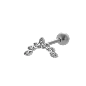Detailed close-up of curved silver steel ear stud with clear zircon stones and ball screw back