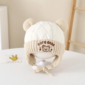 Winter baby knit hat with bear embroidery and warm ear flaps for toddlers and boys