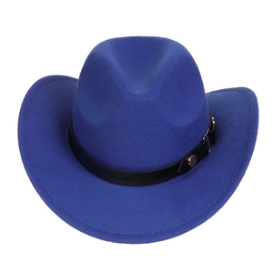 Detail of royal blue cowboy hat featuring a black leather band and metal buckle