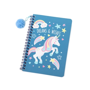 Cute blue spiral notebook with cartoon unicorn and fluffy ball charm for students