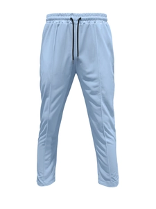 Detail of light blue athletic joggers showing elastic drawstring waist and pleated center seam