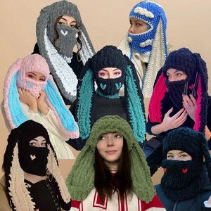 Handmade Crochet Rabbit Ears Balaclava Knitted Long Ear Bunny Hat Winter Warm Windproof Neck Warmer Women Fashion Bonnet