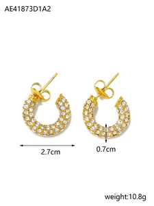 Detail showing dimensions of gold-plated hoop earrings with multi-diamond pavé setting