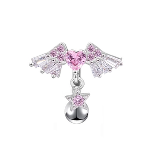 Piercing de nombril ailes de cœur rose avec chaîne argentée et pendentif étoile