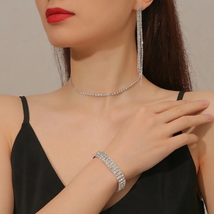 Elegant silver rhinal rhinestone choker necklace with matching bracelet and drop earrings set