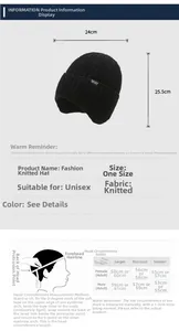 Size guide for men's winter beanie showing 25.5cm height, width and head measurement tips