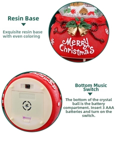 Detail of red resin Christmas music box base with Merry Christmas lettering and battery slot