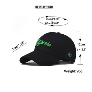 Detailed size chart for cotton baseball cap showing brim length and head circumference