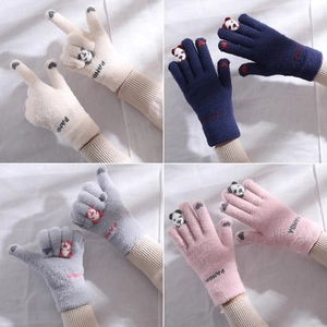 Cute winter knitted touch screen gloves for women with warm plush panda design and paw pads.