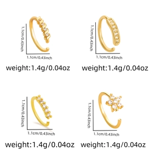 Detailed size chart of gold leaf and flower nose rings with crystal diamond studs