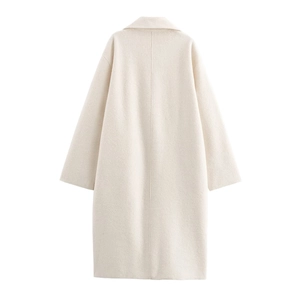Classic cream long-line wool coat for women featuring premium textured minimalist design