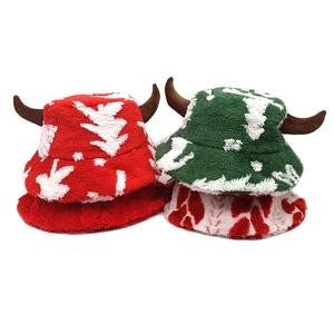 Funny Plush Bucket Hat With Horns Warm Faux Fur Fisherman Cap For Women Winter Christmas Party Novelty Accessories