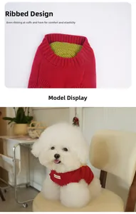 Detail of red pet sweater showing rib-knit neckline texture and elastic cuffs
