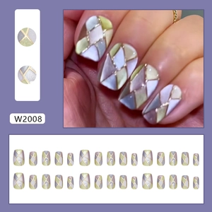 Cat eye press on nails with geometric purple and gold grid pattern in short square shape