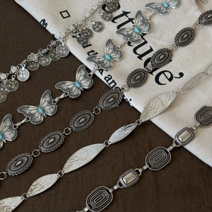 Bohemian silver waist chain with turquoise beads and butterfly motifs for women dresses